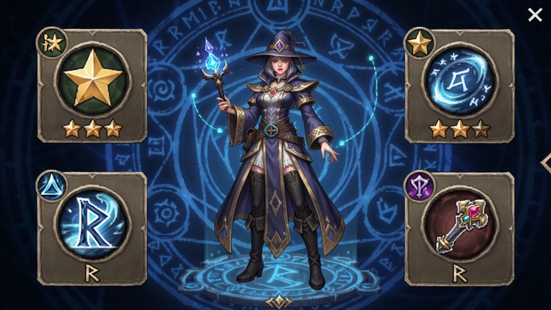 魔法启示录 角色养成界面,画面中央为一名女性魔法师角色全身立绘,周围环绕着等级、星级、技能、符文、法器五个养成模块的图标,背景为深蓝色魔法阵图案,整体布局清晰、科技感与奇幻感结合,适配Boogu模型生成