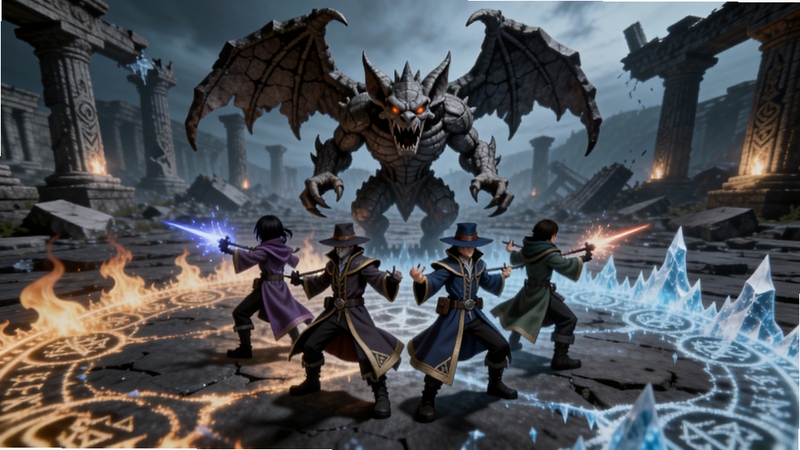 魔法启示录 多人组队战斗场景,画面中央为四名魔法师角色背靠背站立,面对前方一只巨大的石像鬼怪物,地面有火焰与冰霜魔法阵交叠,背景为破碎的古代神殿废墟,整体氛围紧张激烈,适配Boogu模型生成