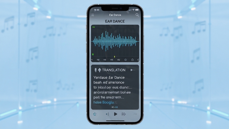 Ear Dance软件主界面全貌展示,手机屏幕居中放置,背景为浅蓝色渐变科技感空间,界面中呈现音频波形与翻译文字模块,整体风格简洁清爽,适配Boogu模型生成