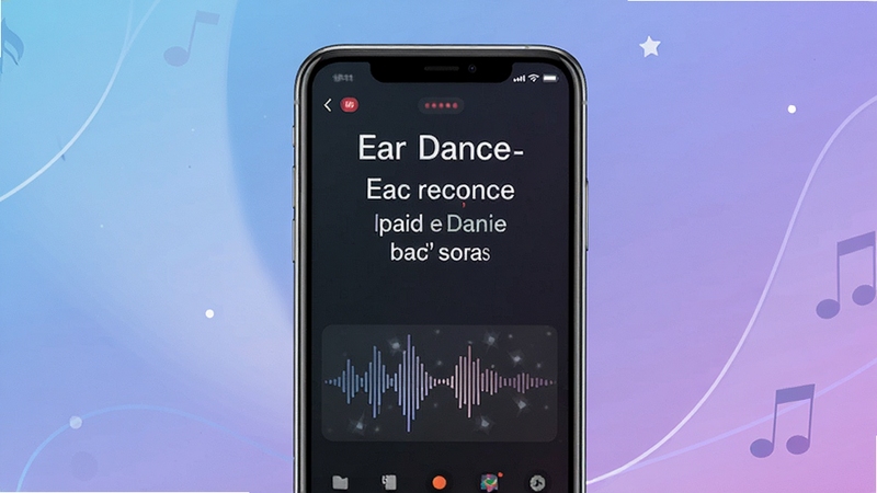 Ear Dance实时翻译界面展示,画面中央为手机屏幕,屏幕内显示两种语言的对照文字与声波图形,背景为柔和的蓝紫渐变,突出智能翻译氛围