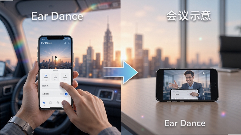 Ear Dance多场景使用示意,左侧为通勤场景手机操作,右侧为会议场景手机放置桌面,中间以箭头连接,背景为城市剪影与柔和光晕