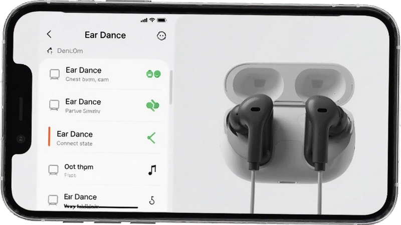 Ear Dance耳机绑定管理页面,手机与无线耳机并列展示,界面中呈现设备列表与连接状态图标,背景为浅灰色极简风格,突出设备管理功能