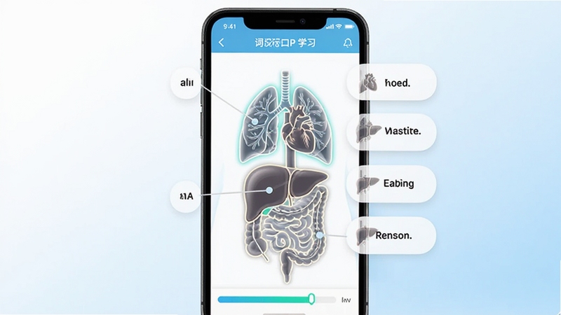 �������ҽ�п���APP�Ĵʻ�ѧϰģ�飬�ֻ���Ļ��ʾ��������ʾ��ͼ���Ӧ��Ӣ�ĵ��ʱ�ע�����ࡢ�β�������������Ը�������������Ա���Ӣ�Ĵʻ㿨Ƭ�������У�����Ϊ�ɾ��İ�ɫ��ǳ��ɫ���䣬����ײ���ѧϰ��������������Ϊҽѧ������APP����չʾ