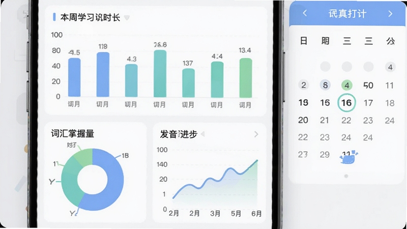�������ҽ�п���APP��ѧϰ����ͳ��ҳ�棬�ֻ���Ļ�Ϸ���ʾ����ѧϰʱ����״ͼ���·��дʻ���������ͼ�ͷ�����������ͼ����������͵���ɫ����ɫΪ��ɫ��������Ϊǳ��ɫ�������Ҳ��������򿨼�¼��������Ϊ���ݿ��ӻ�����չʾ