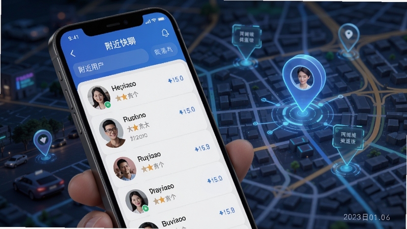 附近快聊软件界面展示同城定位功能,手机屏幕显示附近用户列表,背景是城市地图与定位图标,科技感与生活感融合