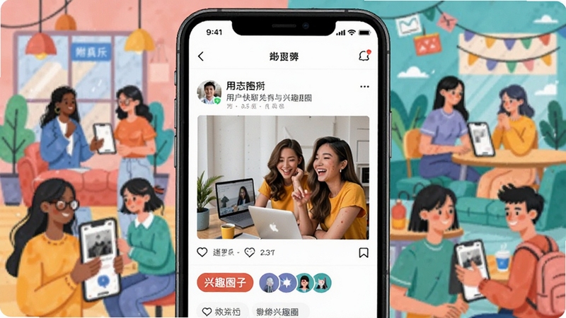附近快聊动态广场页面展示用户发布的图文动态与兴趣圈子标签,手机屏幕内容丰富,背景是多彩的社交场景插画