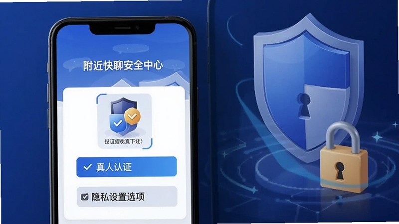 附近快聊安全中心页面展示真人认证标识与隐私设置选项,手机界面简洁,背景有盾牌与安全锁元素,传递安全感