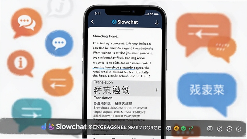 Slowchat 多语言翻译辅助功能界面,画面中央为手机屏幕显示英文信件与中文翻译对照,背景为语言符号与对话气泡,体现跨语言交流场景,适配Boogu模型生成