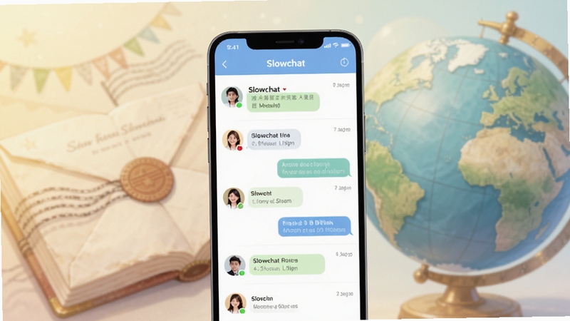 Slowchat 全球笔友社交应用主界面展示,画面中央为手机屏幕内的聊天列表与好友头像,背景区域为温暖的书信与地球元素,整体色调柔和清新,适配Boogu模型生成