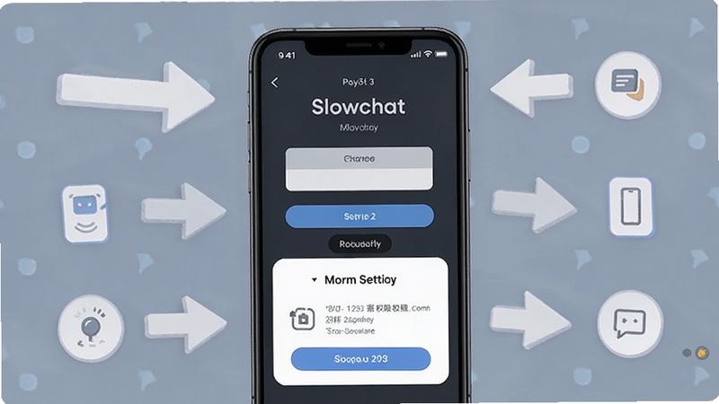 Slowchat 新手操作引导界面,画面中央为手机屏幕显示注册步骤与权限设置提示,背景为简洁的引导箭头与图标元素,体现新手教程场景,适配Boogu模型生成
