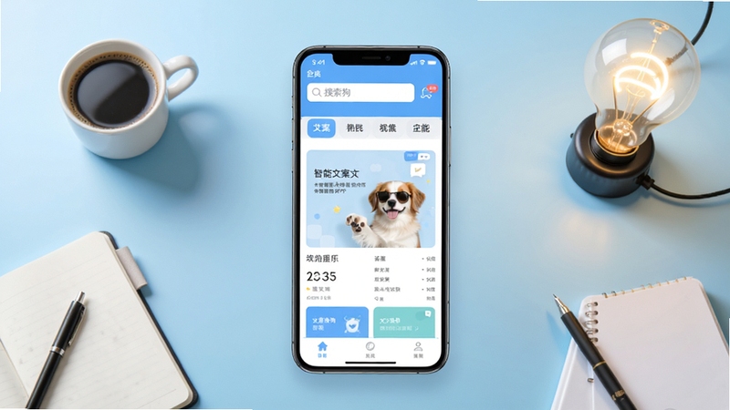 文案狗软件主界面全貌展示,画面中央是手机屏幕,屏幕内呈现文案狗APP的首页布局,顶部搜索框与分类标签清晰可见,背景为浅蓝色渐变工作台桌面,周围点缀笔记本、咖啡杯和创意灯泡元素,整体风格明亮清新,突出智能文案创作主题。