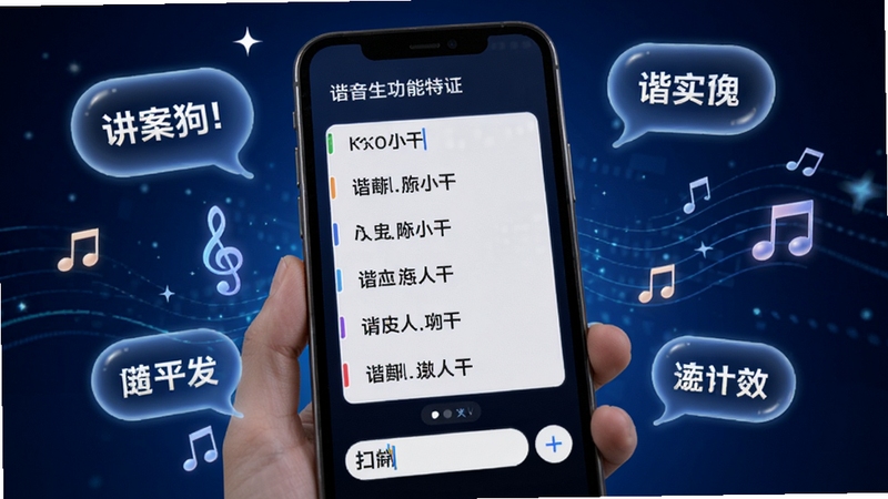 文案狗谐音生成功能特写,画面展示手机屏幕内输入关键词后弹出多条谐音文案列表,屏幕周围环绕着发光的文字气泡和音符符号,背景为深蓝色科技感渐变,突出智能联想与创意碰撞的视觉效果。