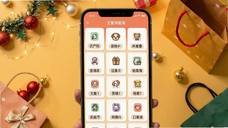 文案狗模板库界面展示,手机屏幕中呈现网格状排列的文案模板卡片,每张卡片带有图标和分类标签,背景为暖黄色桌面,周围散落着节日装饰和购物袋元素,体现丰富多样的文案应用场景。