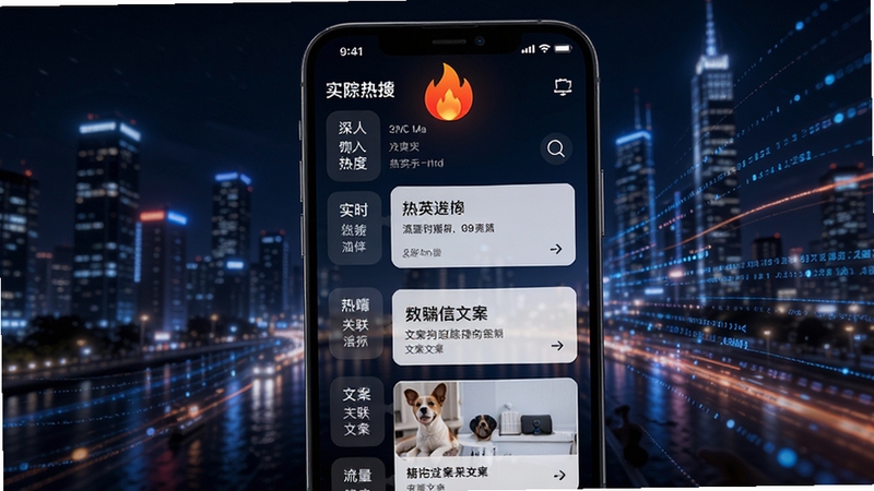 文案狗热点追踪页面,手机屏幕显示实时热搜榜单与关联文案卡片,屏幕上方有火焰图标表示热度,背景为城市夜景与数据流线条,整体风格动感现代,突出时效性与流量感。