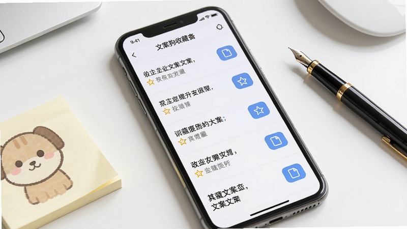 文案狗收藏夹功能界面,手机屏幕中展示收藏的文案列表,每条文案旁有星标和复制按钮,背景为简洁的白色办公桌,旁边放着便签纸和钢笔,营造个人灵感库的氛围。
