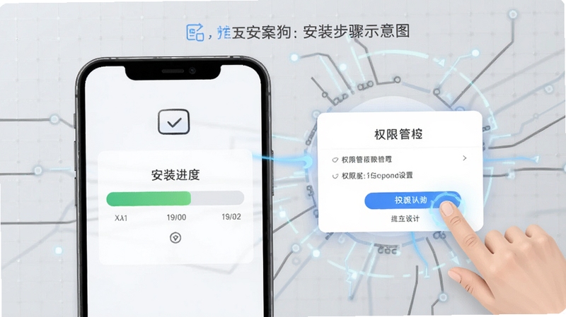 文案狗安装步骤示意图,画面为手机屏幕展示安装进度条与权限设置弹窗,旁边有手指点击操作的示意,背景为浅灰色科技网格,突出安全安装与权限管理主题。