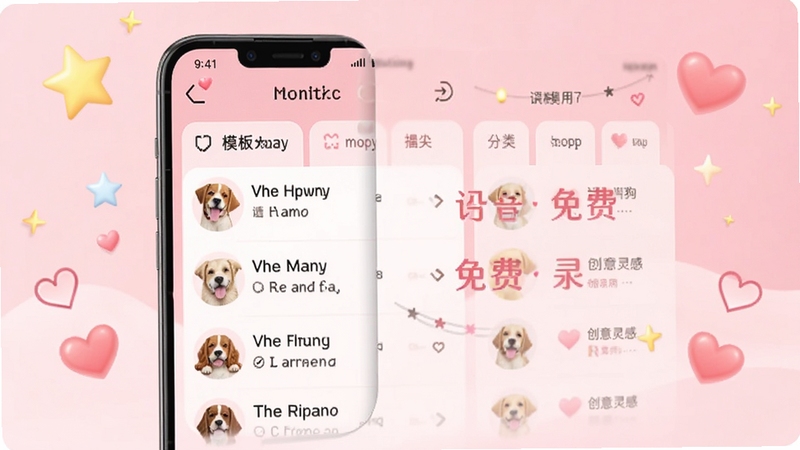 文案狗免费版功能界面截图,手机屏幕展示谐音生成结果列表与模板分类标签,背景为柔和粉色渐变,周围有星星和爱心装饰,突出免费易用与创意灵感主题。