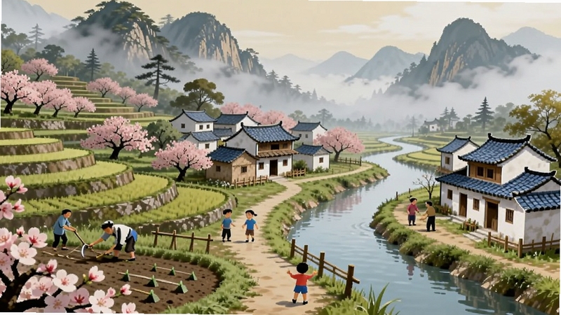 桃源记2 古风田园全景图,画面中央是一座依山傍水的世外桃源村落,左侧为层叠的梯田与桃花林,右侧是青瓦白墙的屋舍与蜿蜒溪流,远处群山云雾缭绕,近处有村民耕作、孩童嬉戏,整体色调为水墨淡彩风格,温暖柔和,适配Boogu模型生成