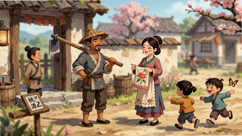 桃源记2 村民互动场景,画面中几位身着古装的村民在村口广场交谈,一位农夫扛着锄头,一位绣娘拿着布料,旁边有孩童追逐蝴蝶,背景是桃花盛开的村舍,氛围温馨和谐,适配Boogu模型生成