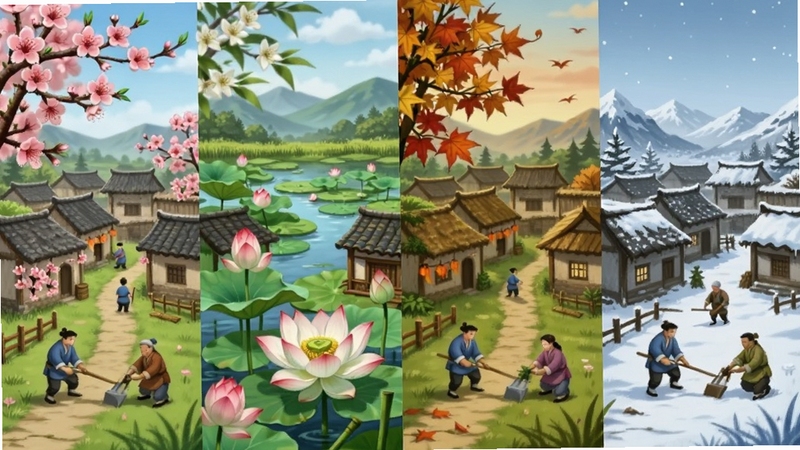 桃源记2 四季同框概念图,画面从左到右依次呈现春桃、夏荷、秋枫、冬雪四种景致,同一座村落被巧妙分割为四个季节区域,村民在不同季节中劳作,色彩过渡自然,适配Boogu模型生成