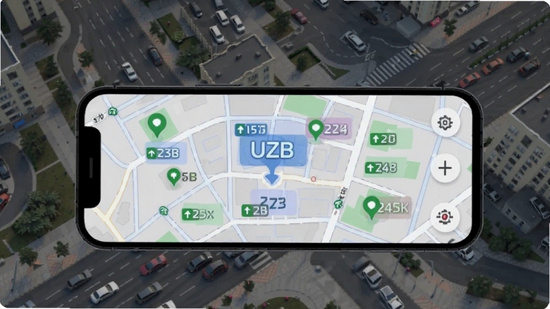 UZB停车场实时车位查询功能展示,手机屏幕呈现地图界面,标注多个停车场位置与剩余车位数字,背景为城市街道俯瞰图,画面风格简洁现代,突出UZB停车场实时数据更新特点。