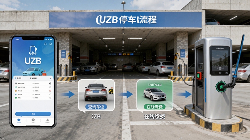 UZB停车场手机端操作流程示意图,画面展示从打开应用、查询车位、在线缴费到出场抬杆的连续步骤,背景为停车场入口实景,风格写实清晰,突出UZB停车场便捷操作体验。