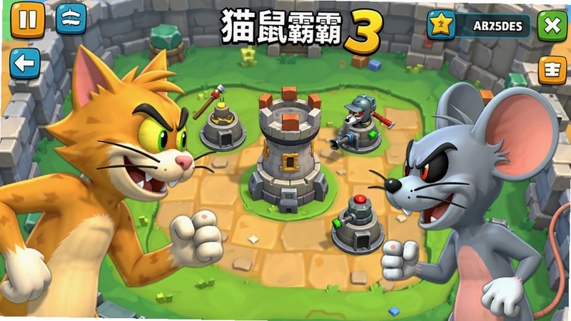 猫鼠争霸3 游戏主界面 猫和老鼠角色对峙 卡通渲染风格 地图中央有防御塔和单位 色彩鲜明 横版构图 游戏UI元素完整