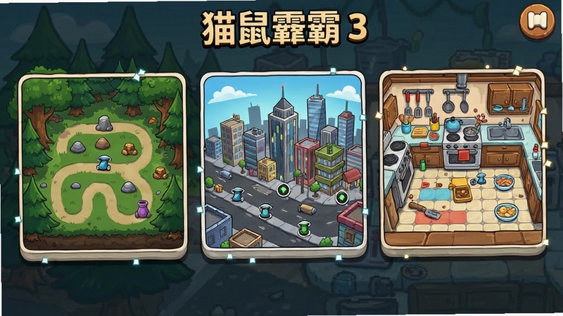 猫鼠争霸3 多地图选择界面 三张不同地形地图缩略图 森林 城市 厨房场景 卡通风格 地图上有路径和资源点标记