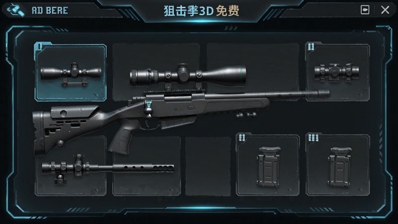 狙击手3D免费版武器改装界面,狙击枪配件升级面板,瞄准镜、枪管、弹夹等部件图标,科技感UI设计