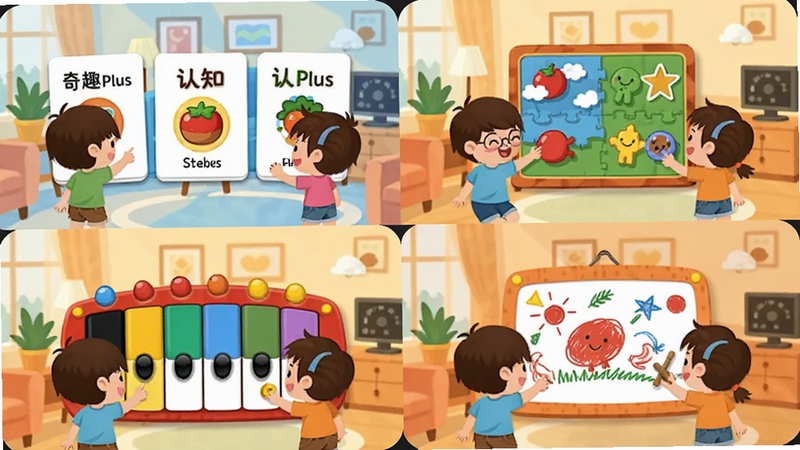 奇趣 Plus 应用内多元启蒙内容展示,画面分为四个区域,分别呈现认知卡片、拼图游戏、音乐键盘和涂鸦画板,每个区域都有卡通儿童角色在互动,色彩鲜艳,背景为温暖的家庭客厅场景,高清矢量插画风格