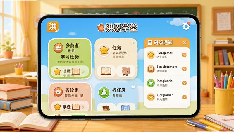 软件主界面展示,画面中央是洪恩学堂APP的卡通风格首页,包含学习任务卡片和班级通知列表,背景为明亮的暖色调教室场景,有书本和文具元素点缀,整体画面清晰、充满童趣,适合幼儿教育软件宣传图。