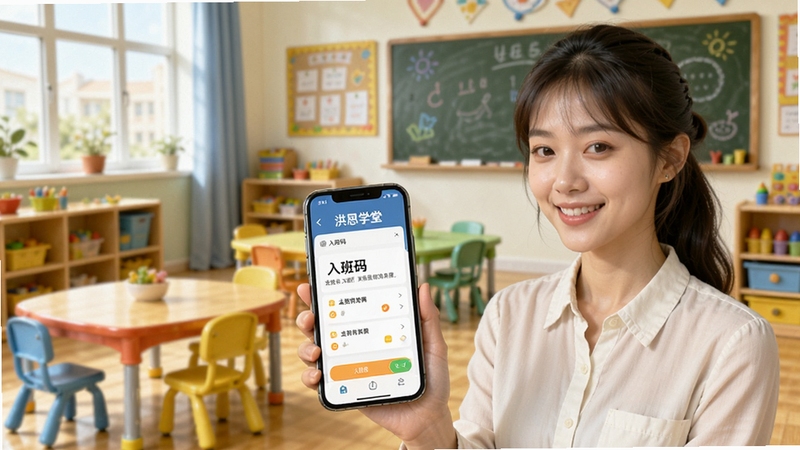 一位年轻女老师正在使用洪恩学堂APP创建班级,手机屏幕显示入班码和班级列表,背景是整洁的幼儿园教室,有彩色桌椅和黑板,画面温馨明亮,体现教师端便捷操作场景。