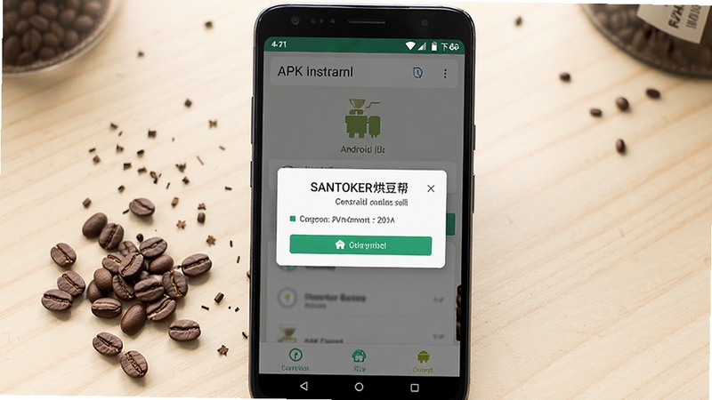 SANTOKER烘豆帮安卓手机安装界面示意图,画面展示一部安卓手机屏幕显示APK安装确认弹窗,背景为简洁的浅色桌面环境,旁边放置几颗咖啡生豆作为点缀,整体色调清爽明亮,突出安全下载与安装主题