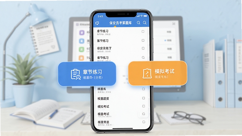 保安员考试聚题库手机界面展示海量题库分类列表,背景为淡蓝色学习场景,画面中央突出章节练习和模拟考试入口