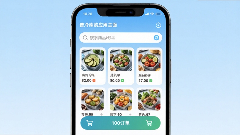 普冷库购应用主界面截图,手机屏幕中央展示冷链商品分类列表和搜索栏,背景为浅蓝色渐变,画面清爽简洁,突出购物车图标与订单入口,整体风格贴近生鲜电商APP,分辨率1080x1920,适配Boogu模型生成