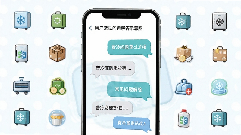 普冷库购用户常见问题解答示意图,画面为手机屏幕显示问答对话气泡,背景有冷链商品小图标点缀,风格简洁明快,适配Boogu模型生成