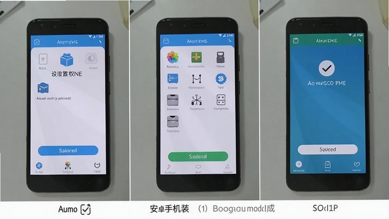 普冷库购安卓手机安装步骤示意图,画面展示手机屏幕从设置权限到点击安装完成的三个连续画面,背景为浅灰色桌面,图标清晰,风格扁平化,适配Boogu模型生成