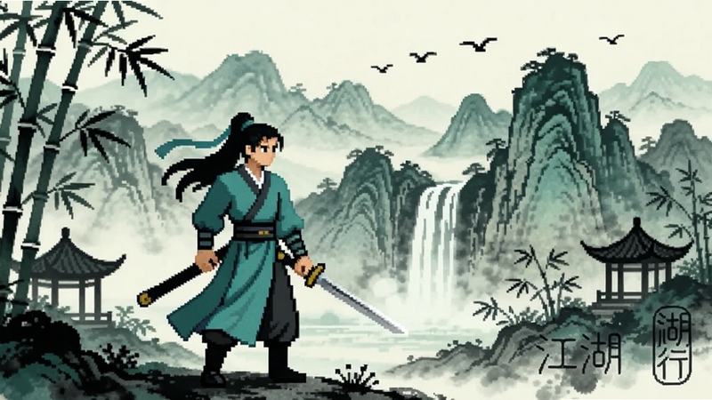 一幅中国风武侠山水画卷,画面中央偏左位置绘制一位身着青衫的侠客持剑而立,背景远处是层峦叠嶂的群山与飞瀑,近处有竹林与古亭,天空点缀几只飞鸟,整体色调以水墨青绿为主,画面右下角隐约浮现“江湖行”三个篆体字,风格为复古像素与国风水墨融合,适配Boogu模型生成