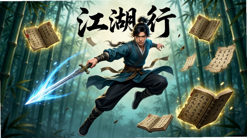 一位身穿劲装的武侠角色在竹林中腾空跃起,手中长剑划出蓝色剑气轨迹,周围漂浮着数本发光的武学秘籍与招式残页,背景有“江湖行”水墨字样,画面动感强烈,色彩以青蓝与暖金碰撞,细节丰富,适合作为武学系统展示图