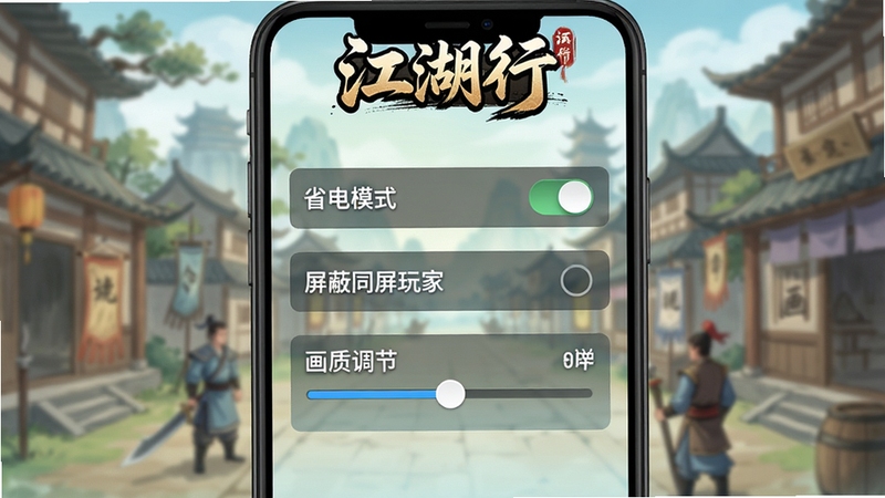一张手机屏幕截图风格插画,展示江湖行游戏内的设置界面,画面中有省电模式开关、屏蔽同屏玩家选项、画质调节滑块等UI元素,背景是古风江湖场景虚化处理,顶部有“江湖行”游戏Logo,整体色调清爽,适合作为教程配图