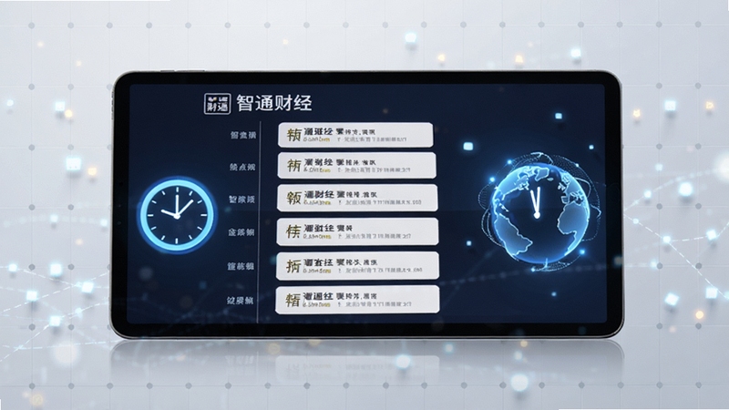 画面中心是一部横向放置的平板电脑,屏幕上展示智通财经的快讯时间轴,一条条新闻卡片有序排列,旁边有发光的时钟图标和地球轮廓,背景为浅灰色网格与数据光点,体现全天候不间断的资讯更新节奏。