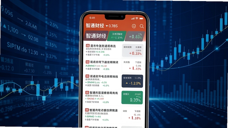画面主体为一部竖屏智能手机,屏幕中央清晰显示智通财经应用的主页界面,界面包含滚动新闻标题与股市指数卡片,背景为深蓝色科技感数据流与抽象K线图交织的虚拟空间,整体风格专业、现代、简洁,突出财经资讯的即时性与权威感。