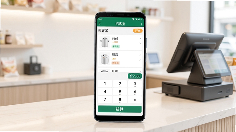 招客宝手机收银界面全貌展示,画面中央是一台竖屏安卓手机,屏幕显示招客宝收银开单页面,包含商品列表、金额数字键盘与结算按钮,背景为明亮的实体店铺收银台场景,浅色调,简洁商务风格,高清细节