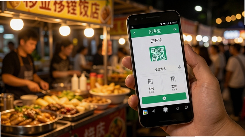招客宝移动收银功能特写,画面主体是一部手持安卓手机,屏幕上显示扫码开单与支付方式选择界面,背景是热闹的夜市摊位,暖色灯光,突出移动便捷感,写实风格,细节清晰