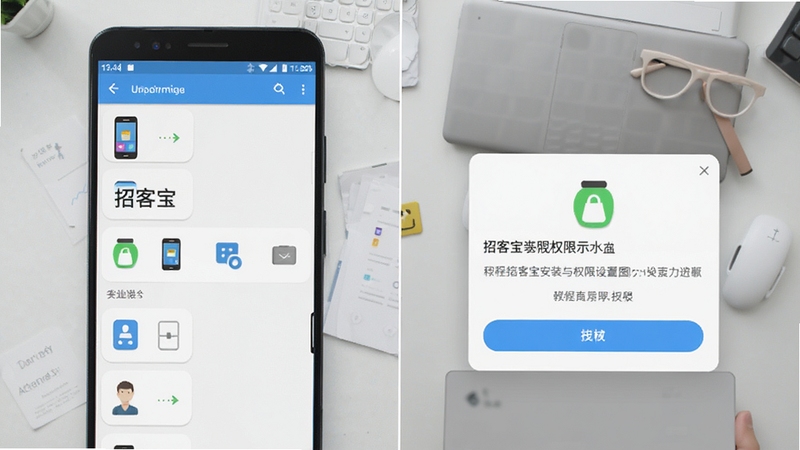 招客宝安装与权限设置示意图,画面展示安卓手机设置页面与招客宝权限授权弹窗,背景为浅灰桌面,图标清晰,教程风格,扁平化设计,高清细节