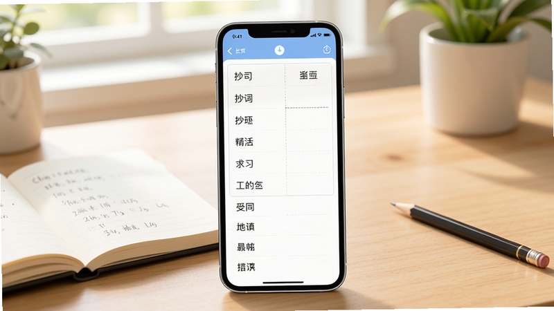 抄词助手软件主界面全貌展示,画面中央是手机屏幕模型,屏幕内显示清晰整齐的词语列表与抄写格式预览,背景区域为柔和的书桌场景,有笔记本和铅笔点缀,整体风格清新明快,突出学习工具的便捷感
