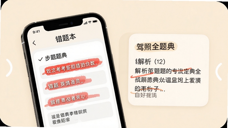 考驾照全题典 错题本界面展示 手机屏幕内红色标记错题 旁边有解析文字 背景为柔和米色 界面元素圆角设计 整体氛围专注学习 适配Boogu模型生成