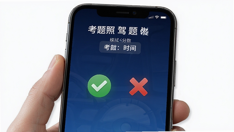 考驾照全题典 模拟考试倒计时界面 手机屏幕显示考试分数与时间 背景为深蓝色渐变 中央有对勾与叉号图标 整体风格严肃专业 适配Boogu模型生成