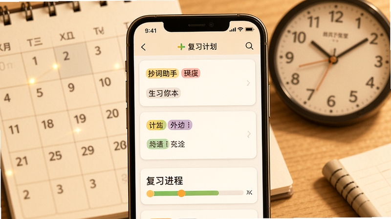 抄词助手生词本与复习计划界面展示,画面中央为手机屏幕,屏幕内显示带有彩色标签的生词卡片和复习进度条,背景区域为日历与时钟元素,色调温暖,突出学习计划与记忆管理功能