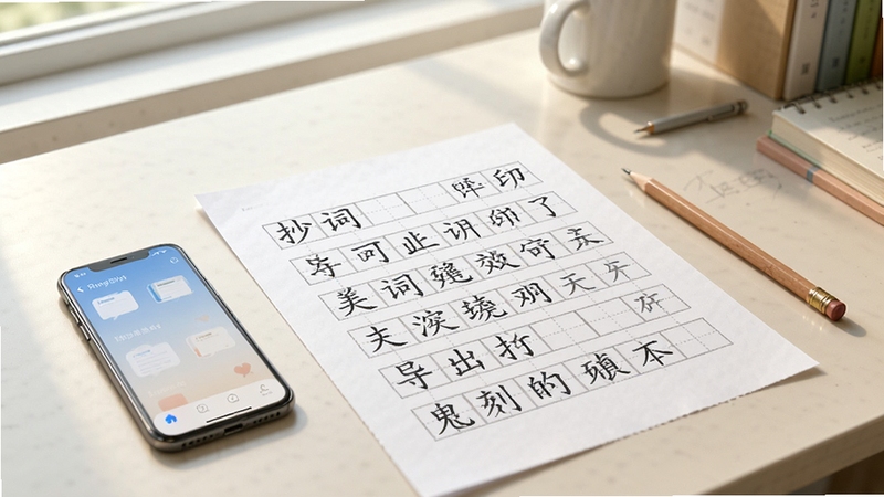 抄词助手导出打印效果展示,画面主体为一张打印好的抄写练习纸,上面有整齐的田字格与词语,旁边放着手机和铅笔,背景是书桌一角,光线明亮,突出从应用到纸质的便捷转换